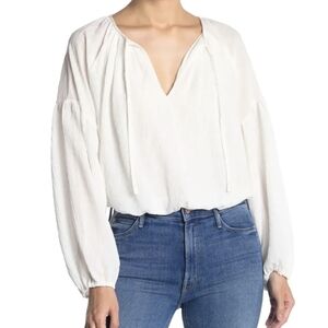 WAYF Blouson Sleeve Bubble Hem Crepe Gauze Blouse